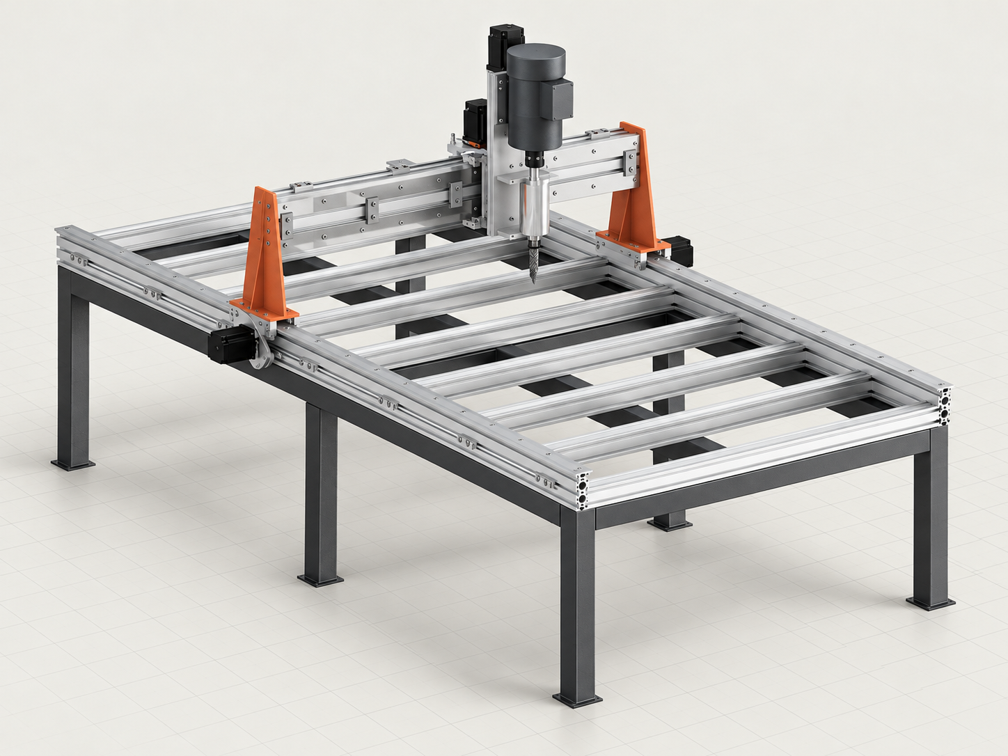 Reference-based rendering of a custom gantry drilling machine with an aluminum bed, stepper motors, and vertical drill spindle.