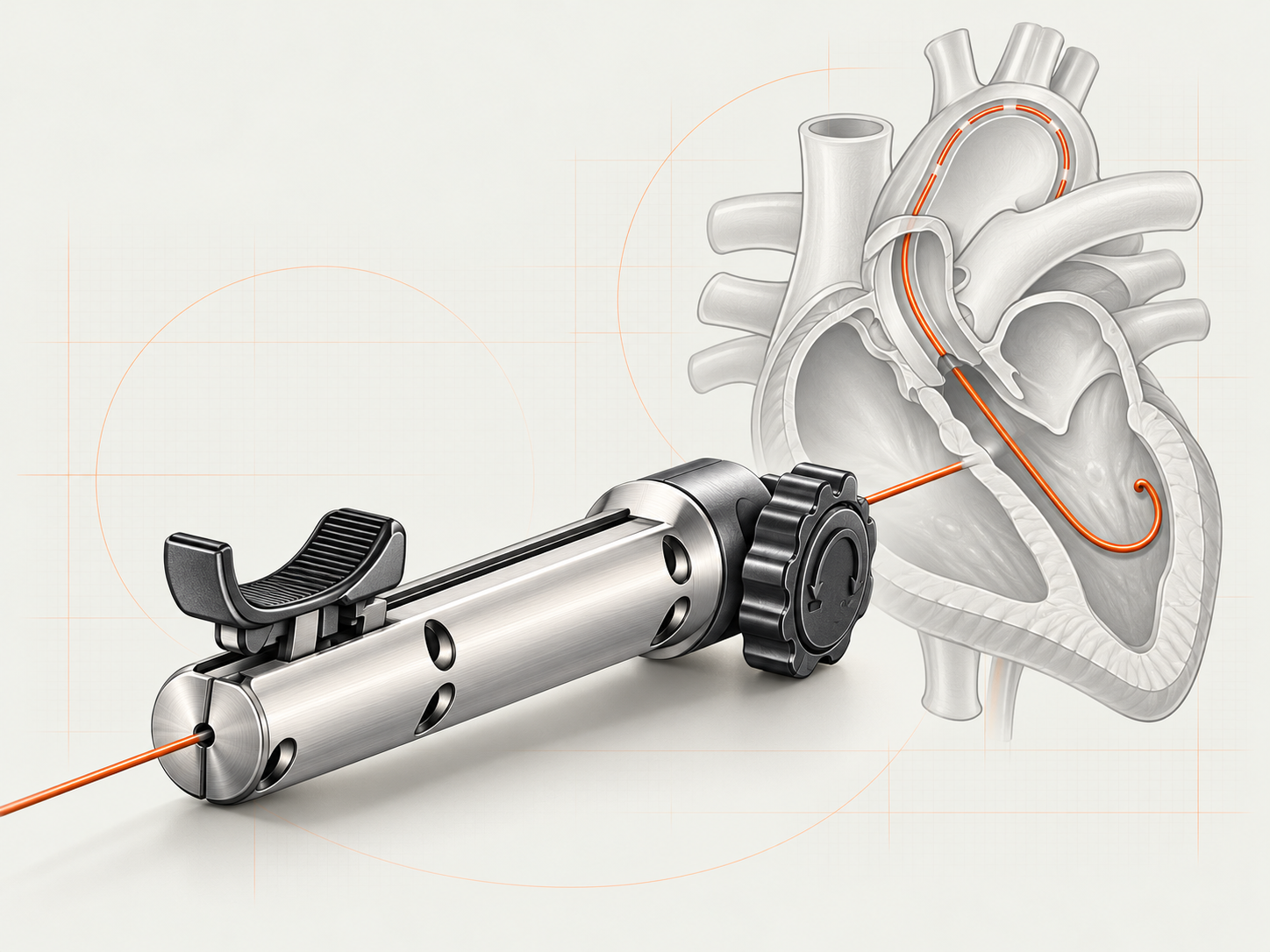Patent-based illustration of a guidewire control device and a shaped guidewire shown in a simplified heart cutaway.
