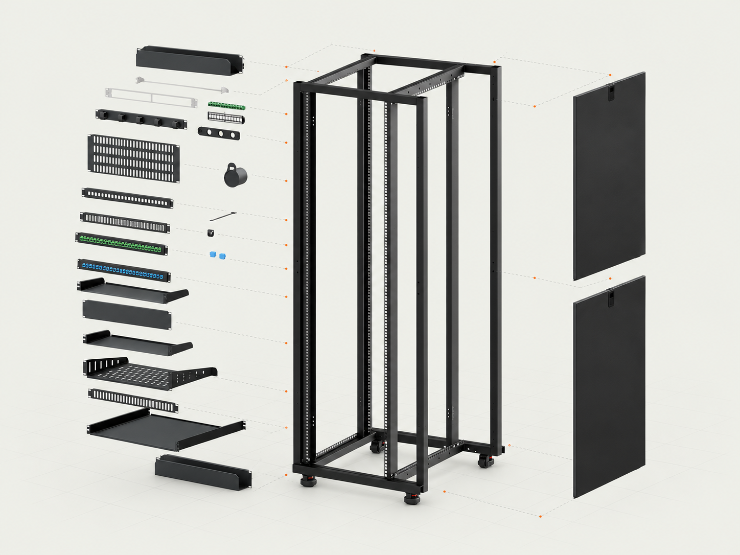 Illustrated black datacenter rack with an exploded arrangement of fiber-optic and Ethernet panels, cable management, shelves, and side panels.