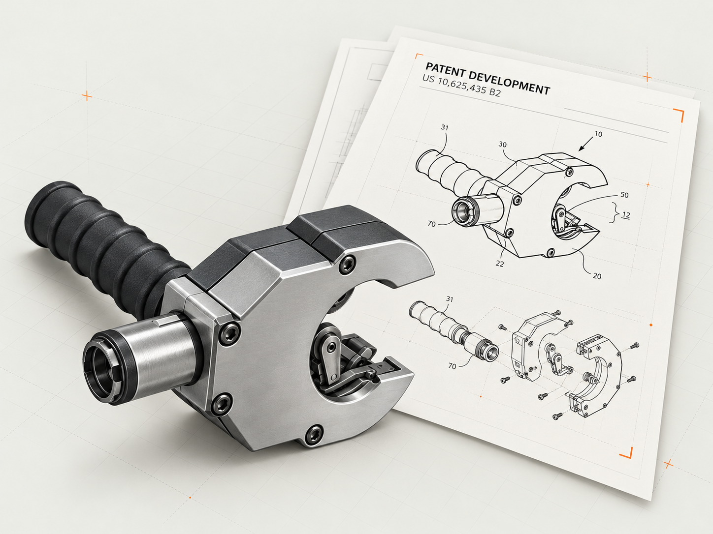 Reference-based rendering of a silver and charcoal pipe-cutting invention beside patent drawings showing its assembled and exploded forms.