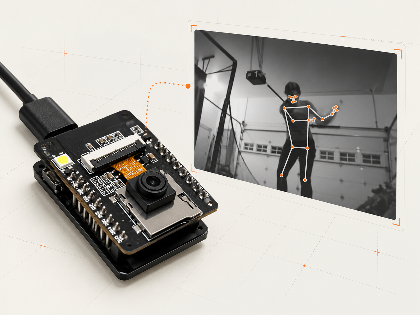 Reference-based illustration of a microprocessor camera board capturing golf swing video with body-position tracking.